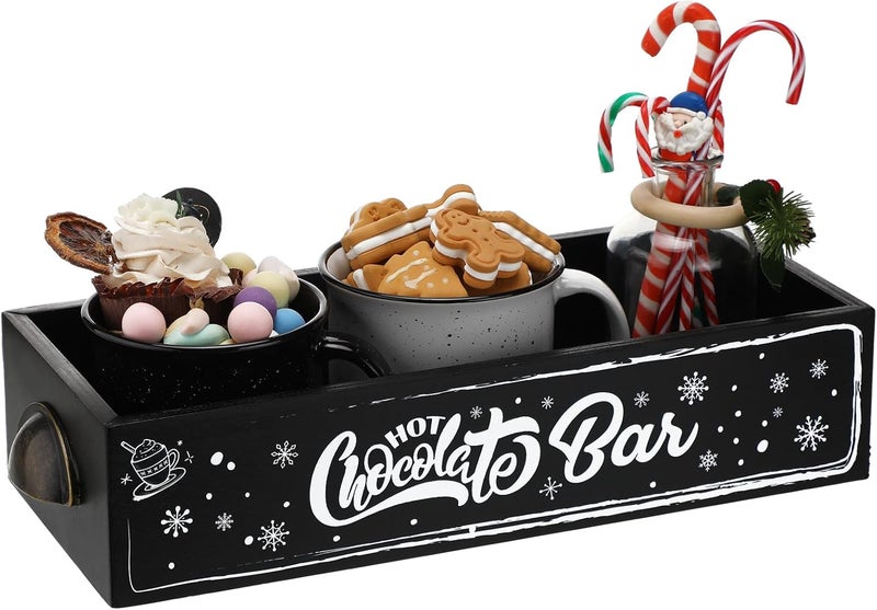 Soaoo Christmas Hot Cocoa Bar Wood Storage Box Cocoa Decorative Organizer Christmas Basket Organizer Bins Xmas Open Holder Box for Home Kitchen Office Holiday Gift(Black, White,Snowflake) - Image 1
